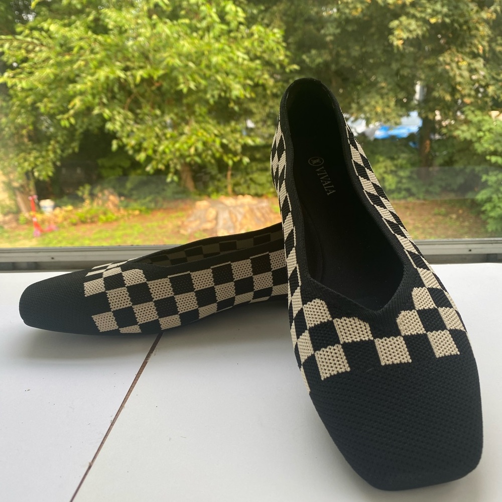 Black and Cream Checkered Women's Knit Flats